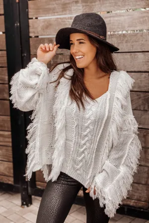 Cream Knit Sweater with Frayed Detail
