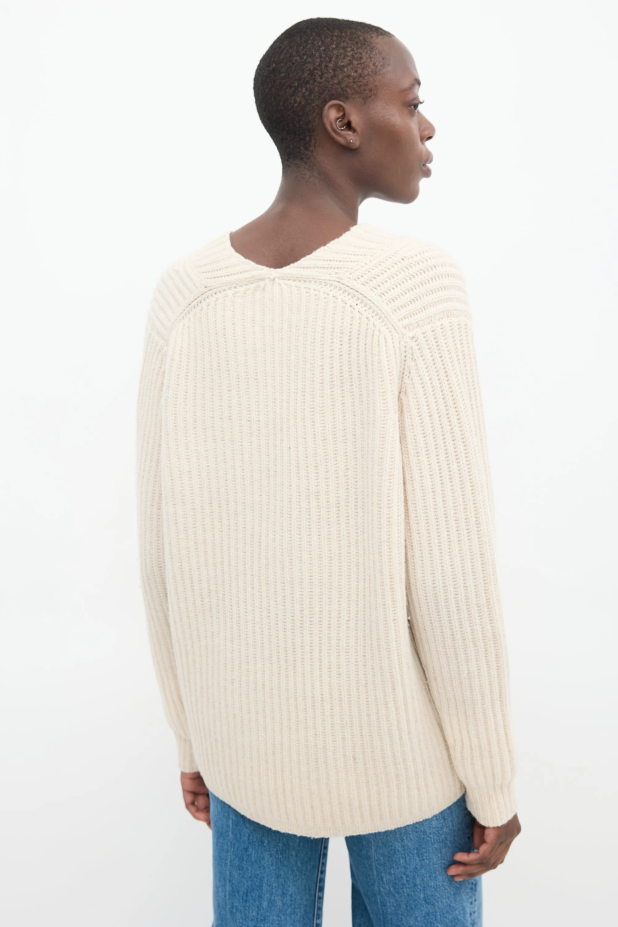 Cream Wool Knit V-Neck Sweater