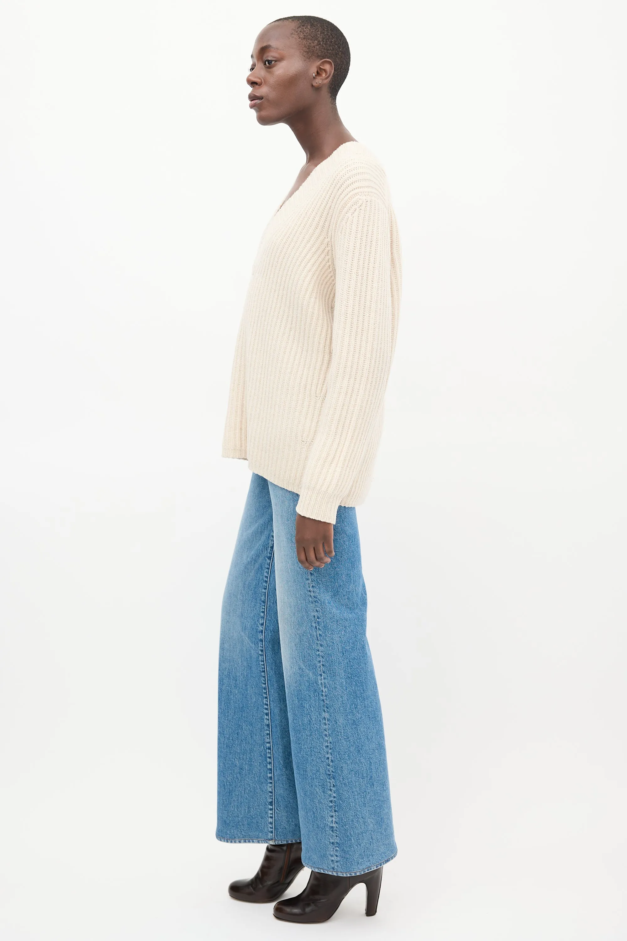 Cream Wool Knit V-Neck Sweater