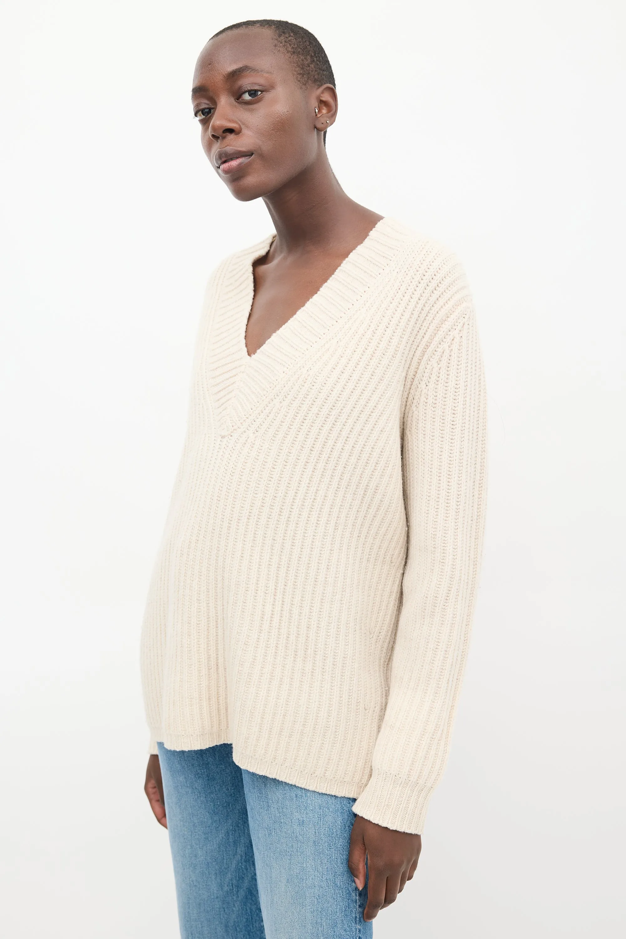 Cream Wool Knit V-Neck Sweater