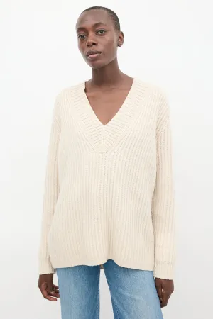 Cream Wool Knit V-Neck Sweater