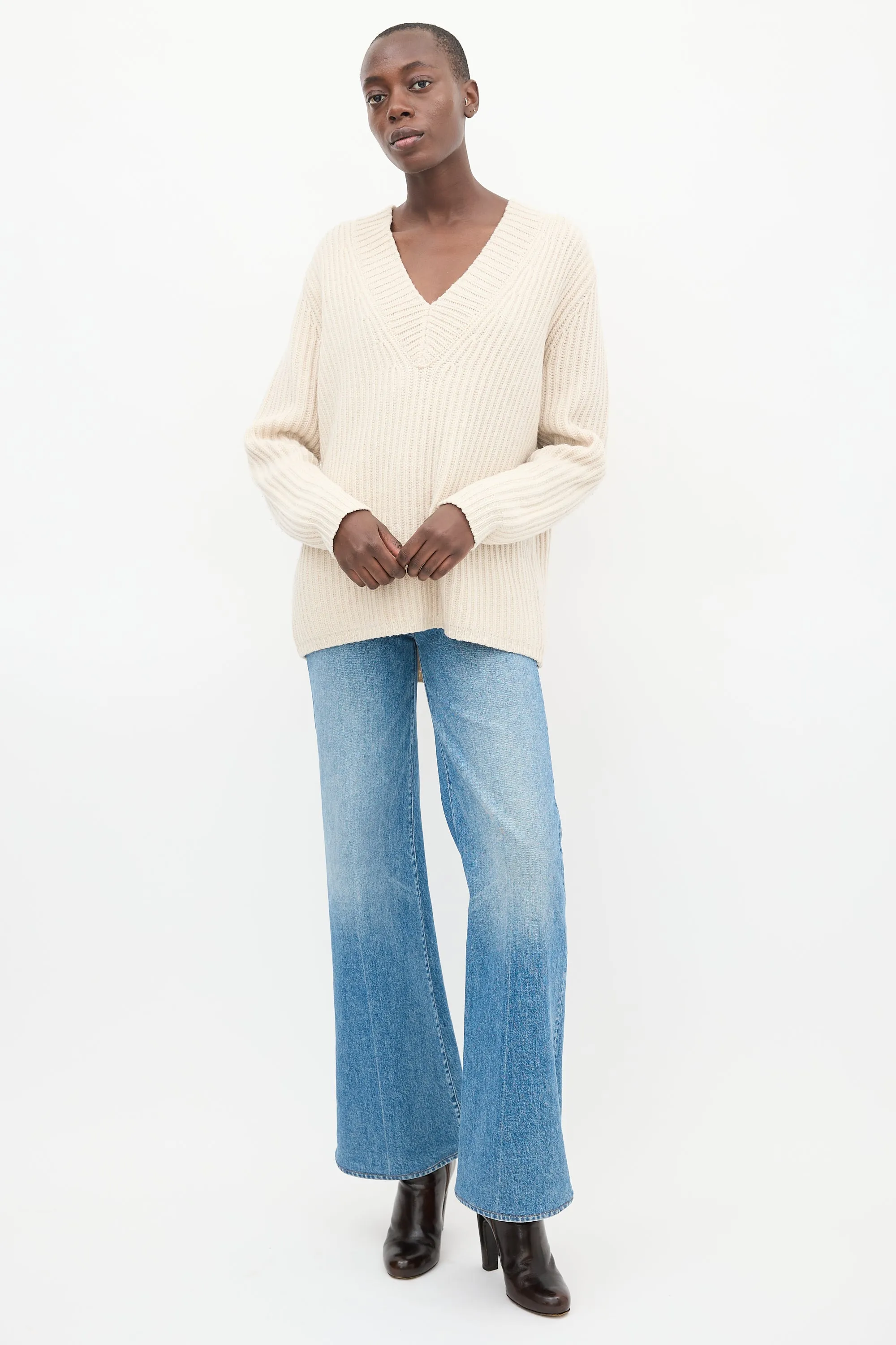 Cream Wool Knit V-Neck Sweater
