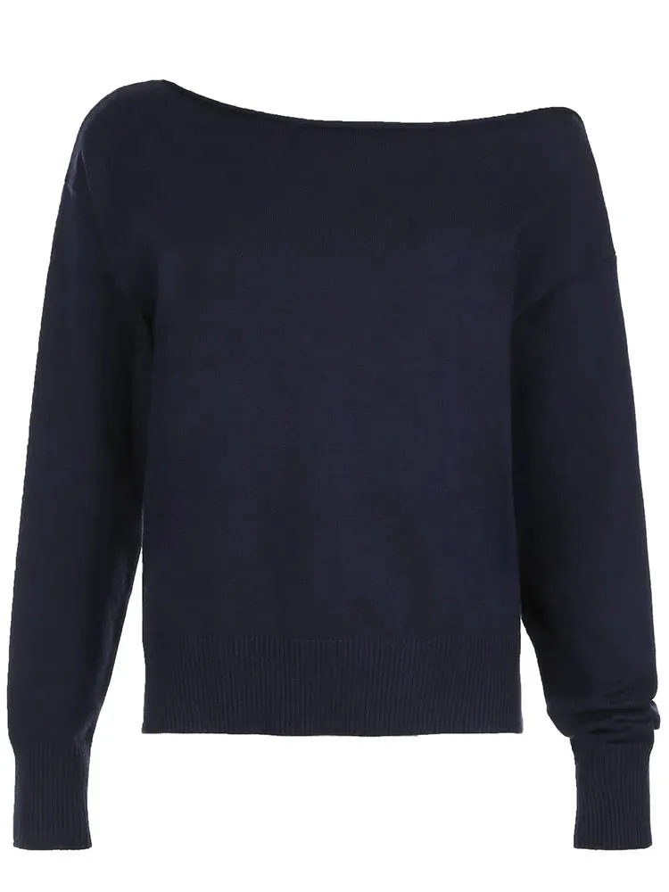 Dark Blue Solid Minimalist Style Autumn Winter Sweaters Women White Simple Basic Casual Loose Knitted Pullover Jumpers