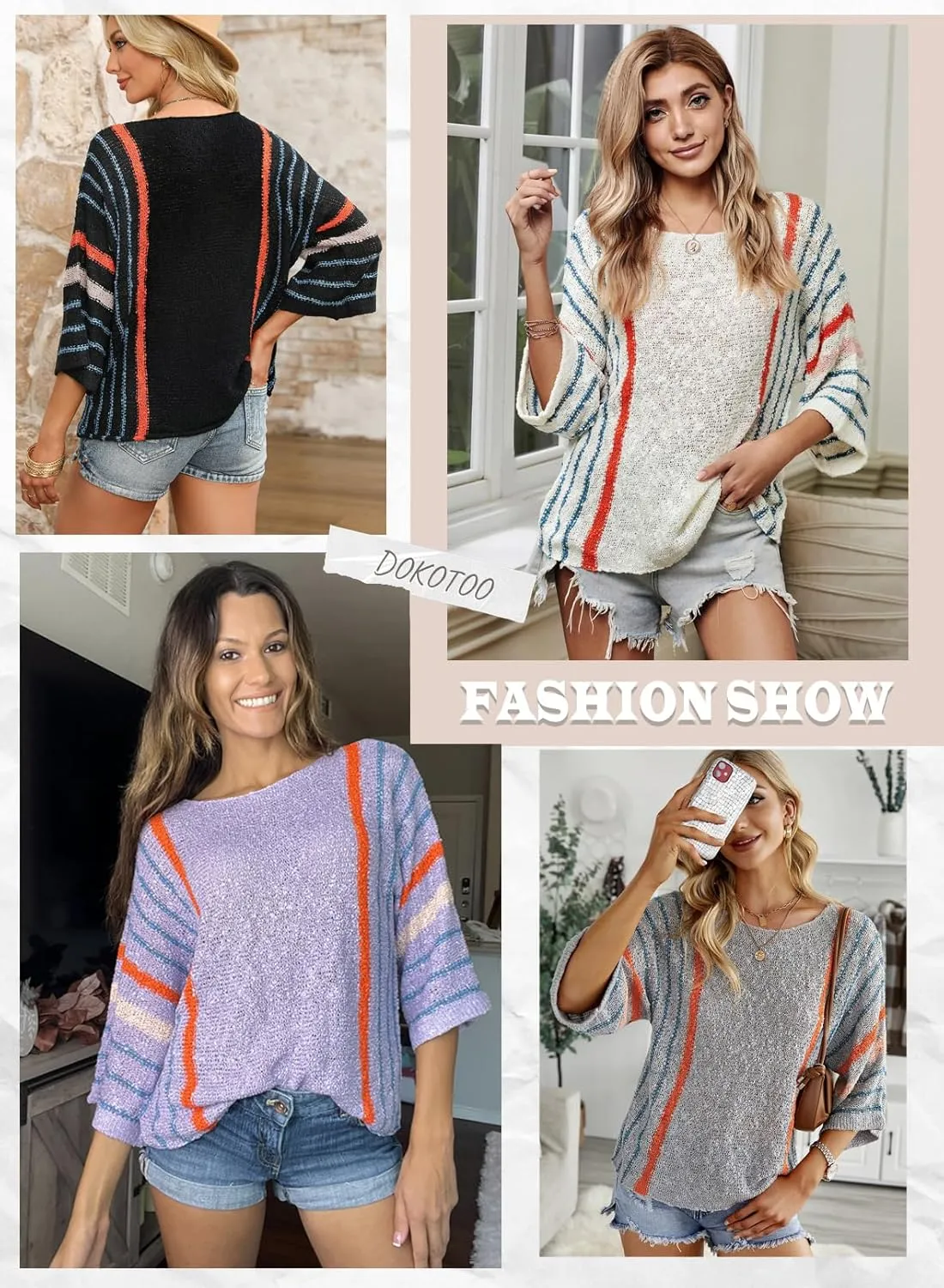 Dokotoo Womens 2025 Spring Casual Color Block Striped Lightweight Comfy Cable Knit Trendy Boho Clothes Pullover Sweaters