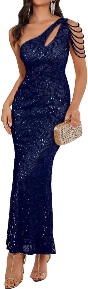 Elegant Sequin Dresses for Wedding Guest One Shoulder Dress for Women with Bead Maxi Formal Gowns