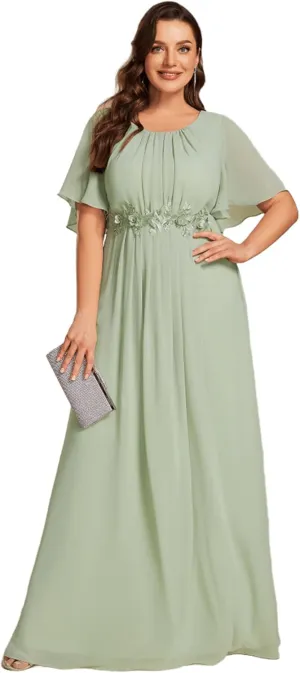 Ever-Pretty Plus Women's Round Neck Appliques Chiffon Short Sleeves Long Plus Size Formal Dresses Evening Gowns 02960-DA