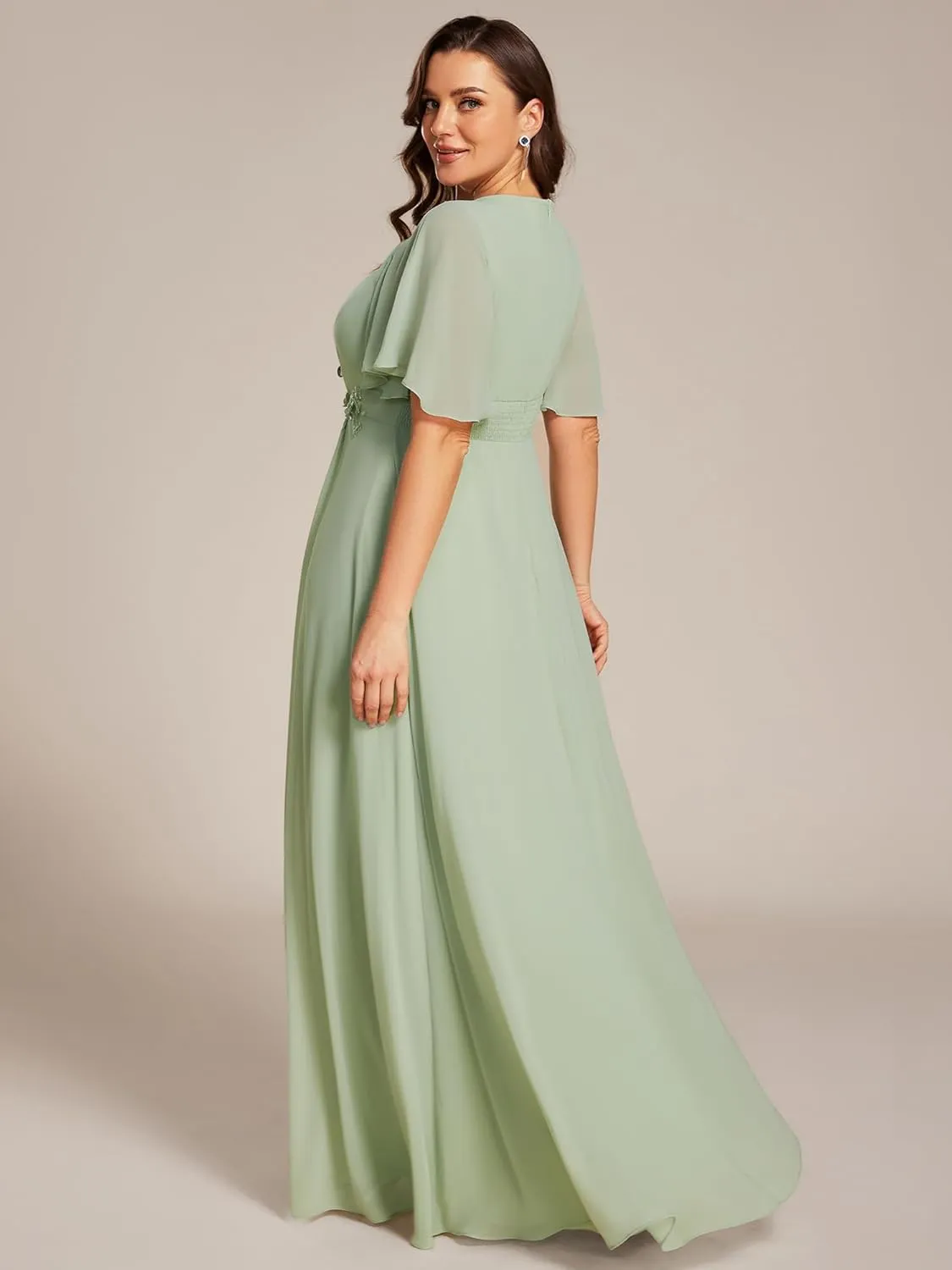 Ever-Pretty Plus Women's Round Neck Appliques Chiffon Short Sleeves Long Plus Size Formal Dresses Evening Gowns 02960-DA