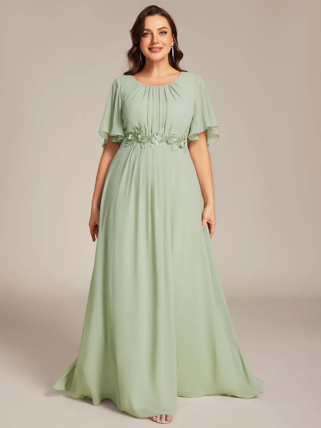 Ever-Pretty Plus Women's Round Neck Appliques Chiffon Short Sleeves Long Plus Size Formal Dresses Evening Gowns 02960-DA