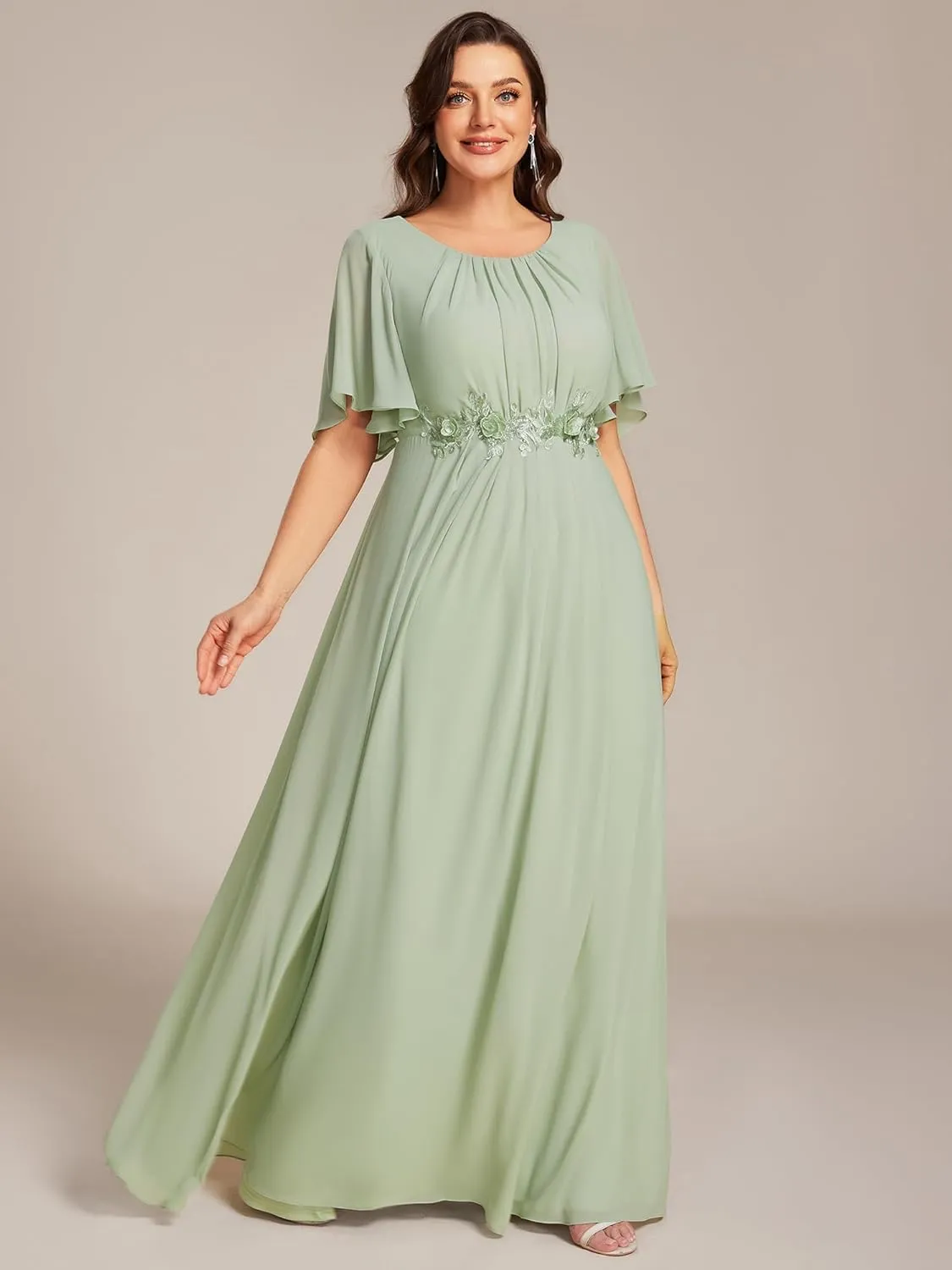 Ever-Pretty Plus Women's Round Neck Appliques Chiffon Short Sleeves Long Plus Size Formal Dresses Evening Gowns 02960-DA