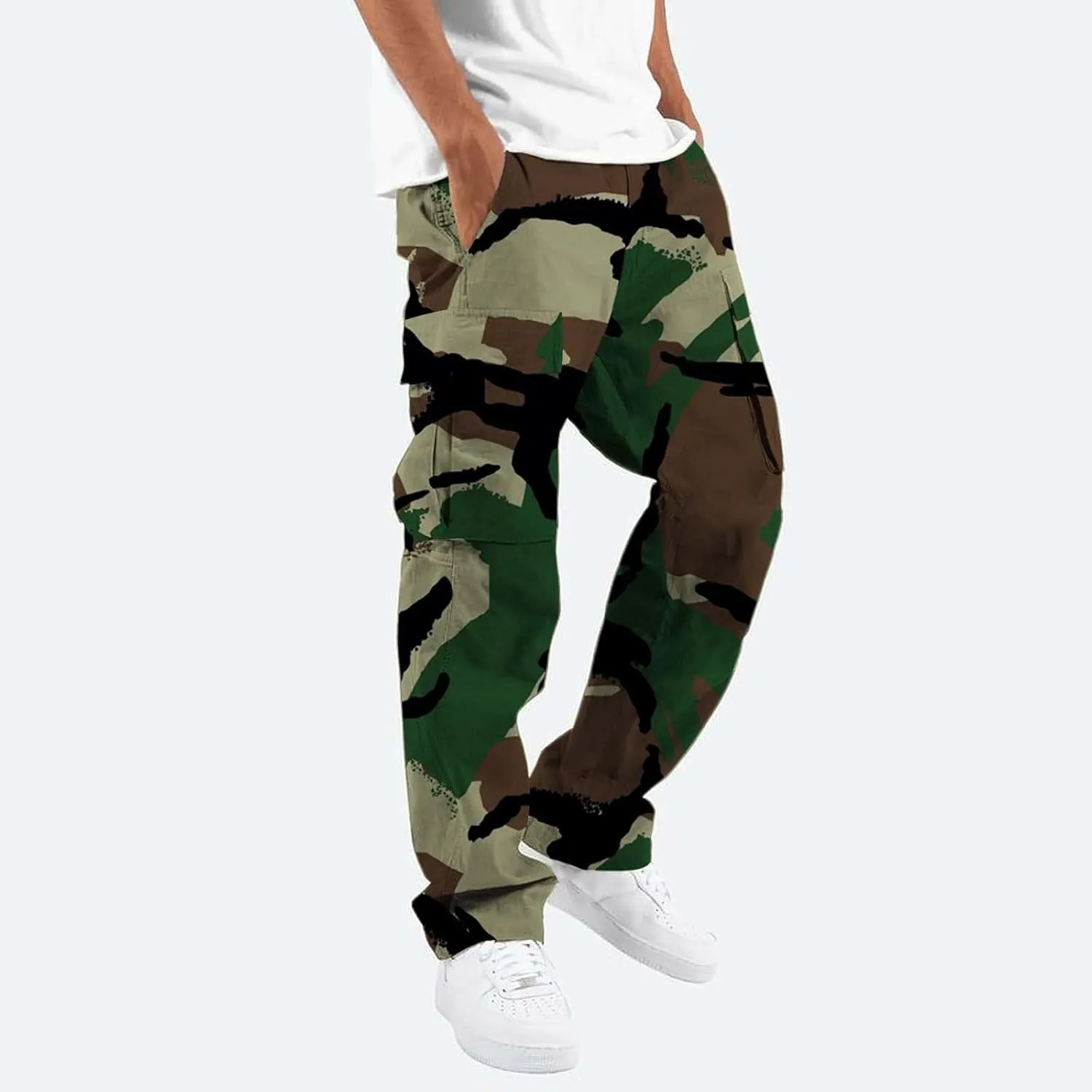 Fleece Pants for Men Men's Casual Camouflage Print Cargo Pants Drawstring Stretch Elastic Winter Warm Thick Track
