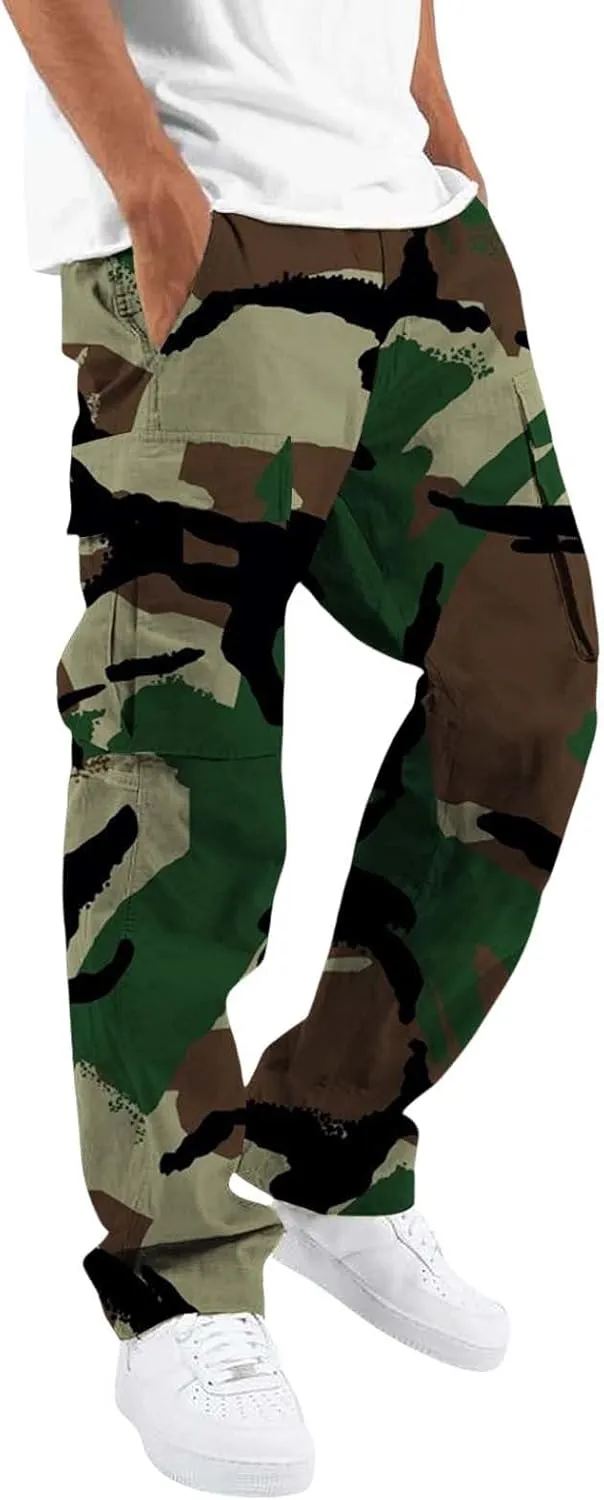 Fleece Pants for Men Men's Casual Camouflage Print Cargo Pants Drawstring Stretch Elastic Winter Warm Thick Track
