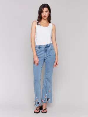 Floral Embroidered Bootcut Jeans - Light Blue