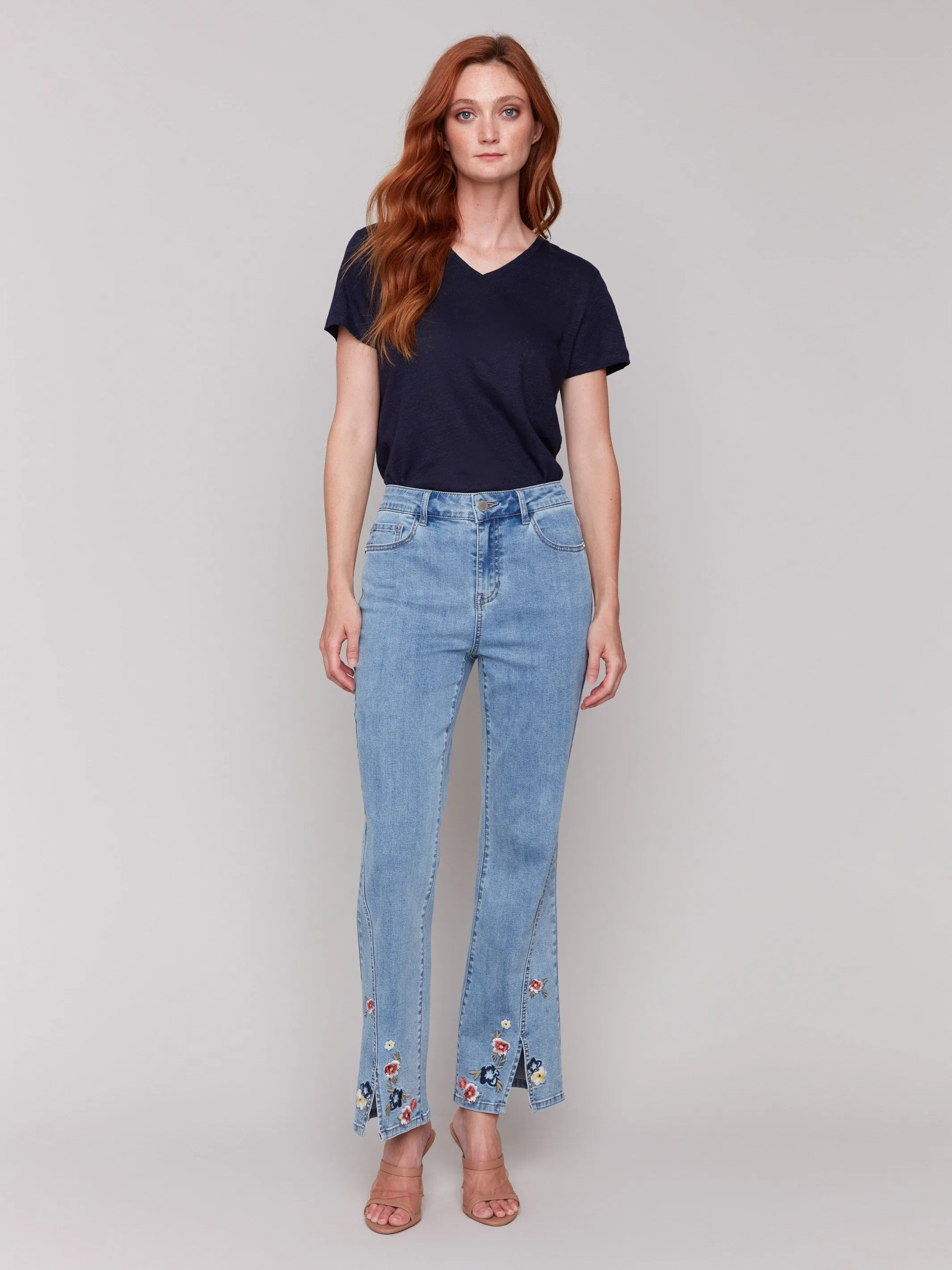 Floral Embroidered Bootcut Jeans - Light Blue
