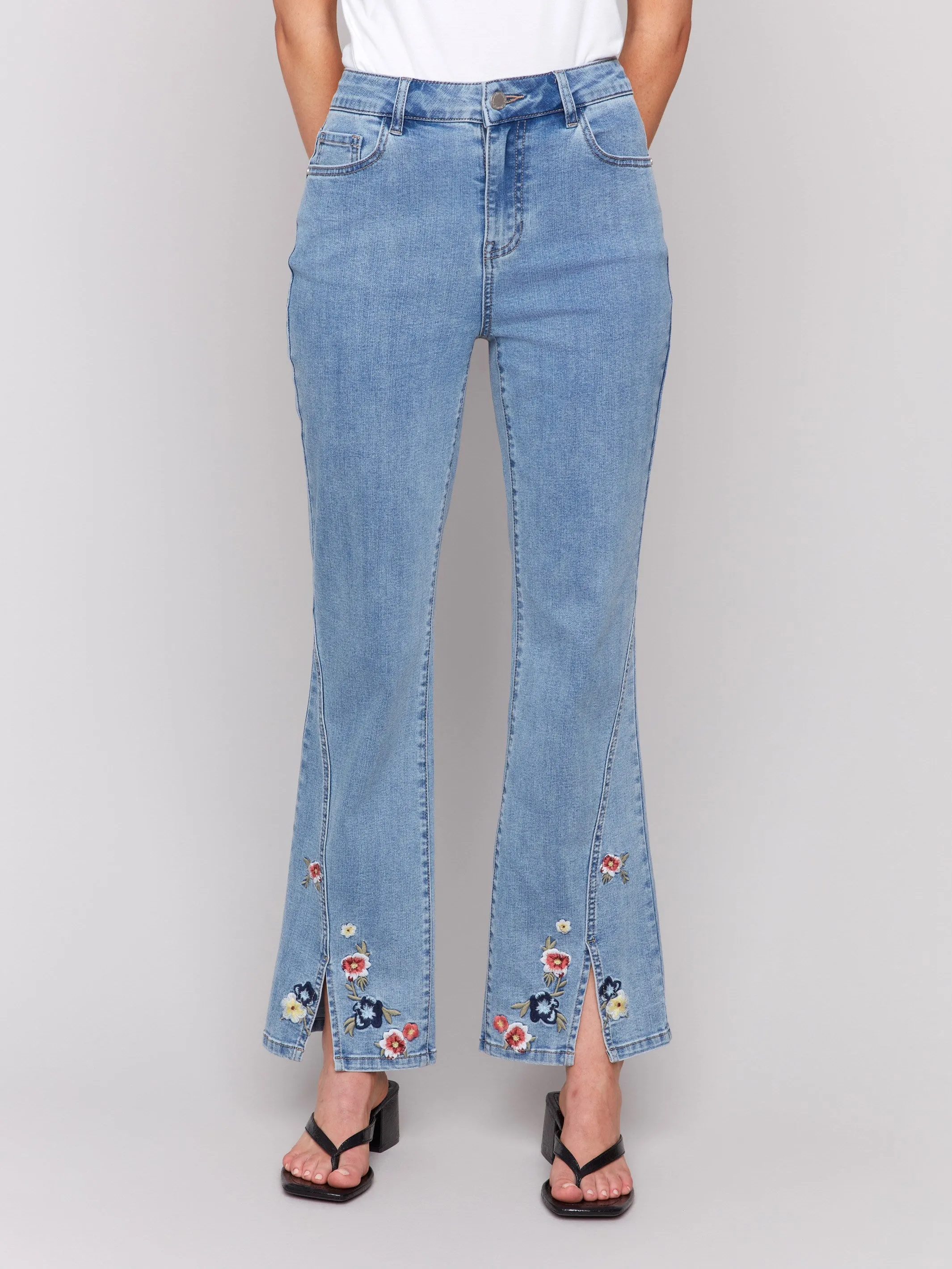 Floral Embroidered Bootcut Jeans - Light Blue