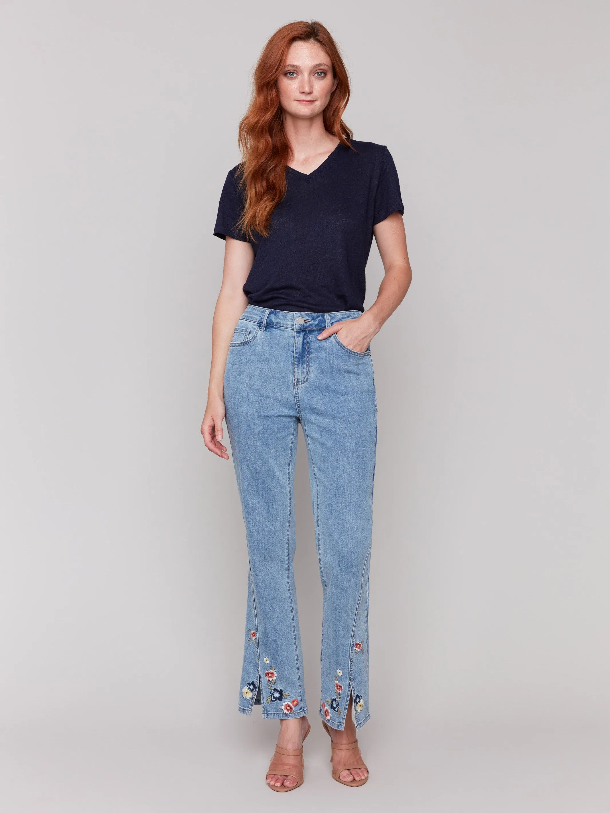 Floral Embroidered Bootcut Jeans - Light Blue