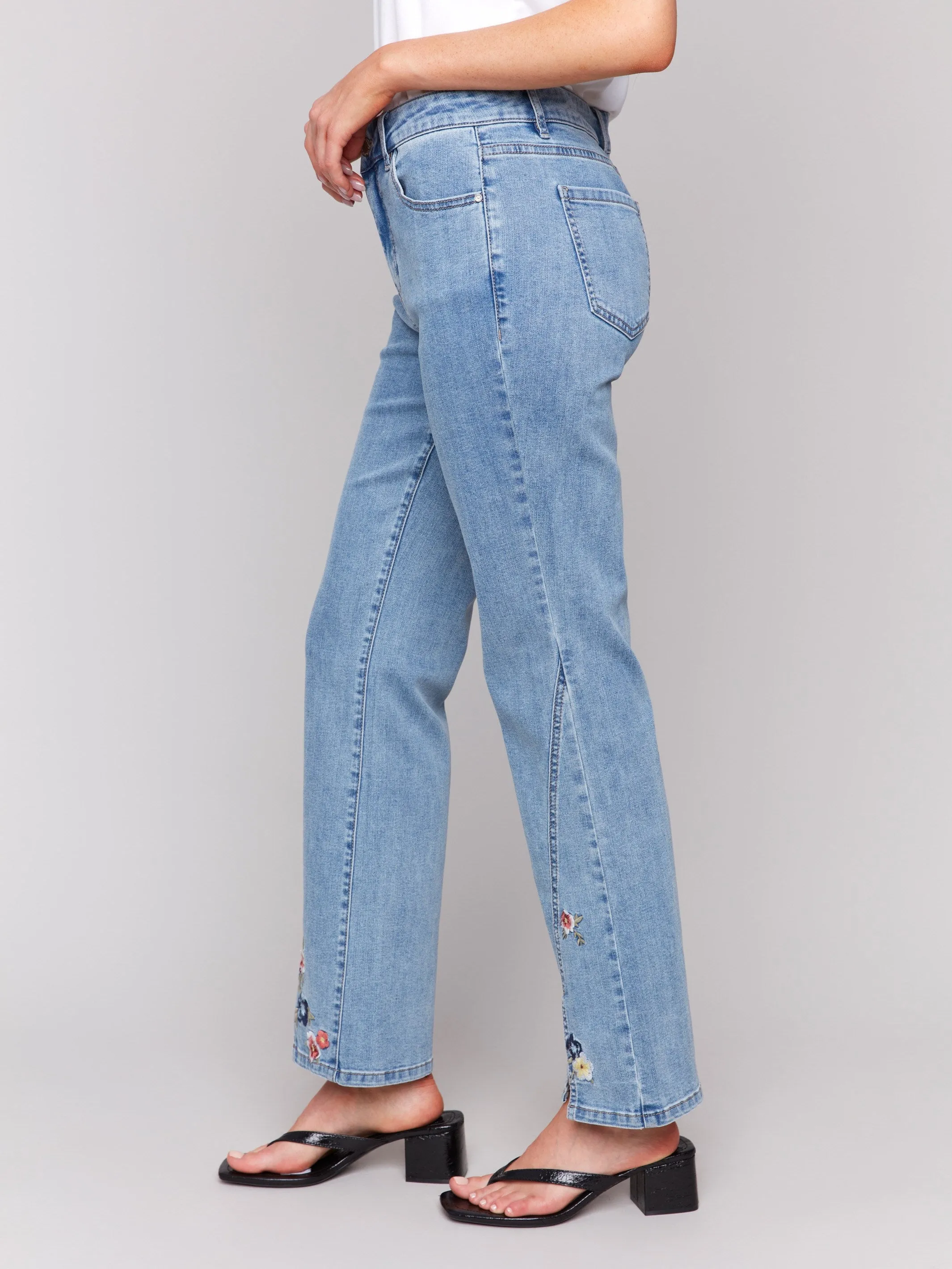 Floral Embroidered Bootcut Jeans - Light Blue
