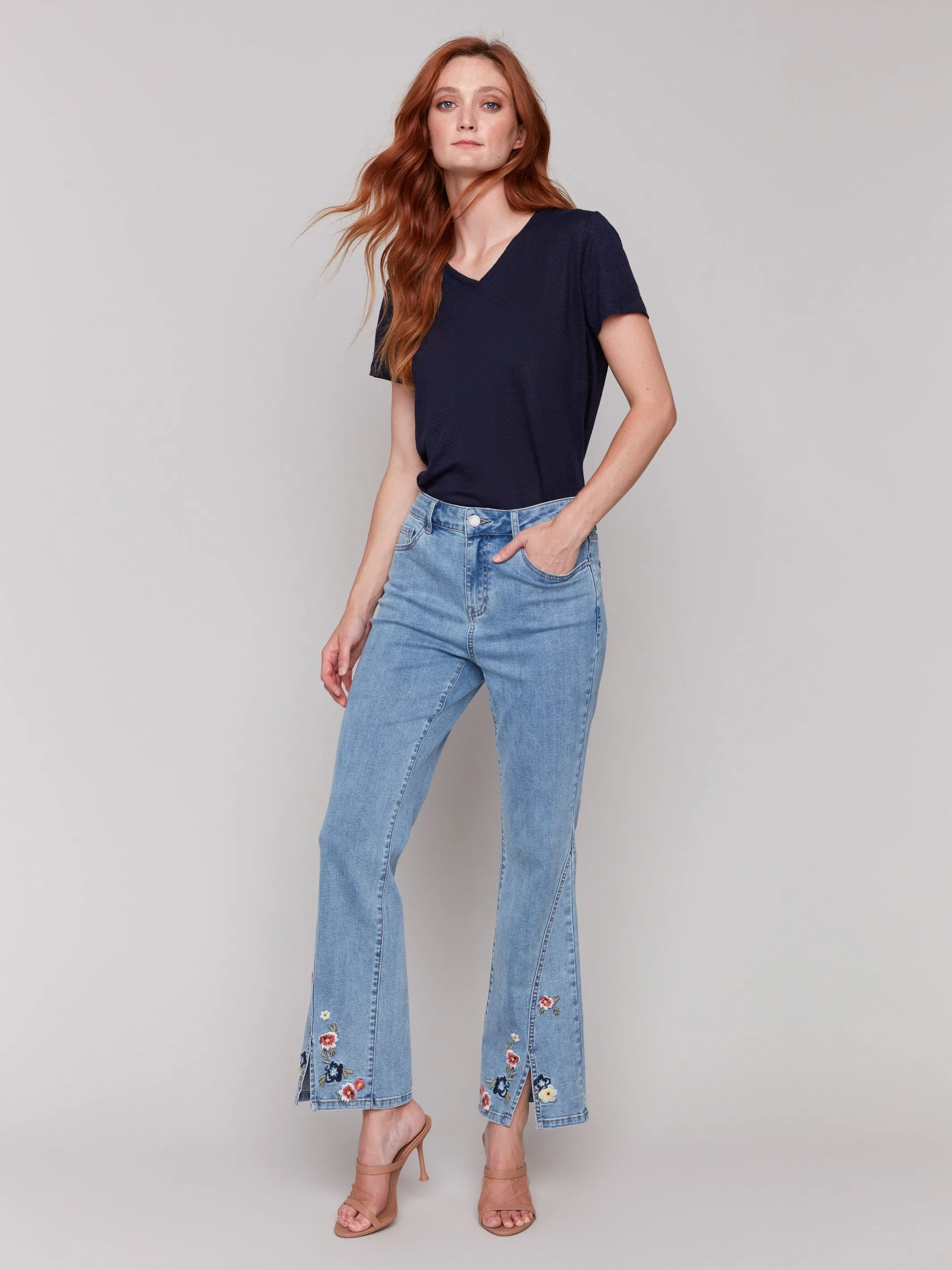 Floral Embroidered Bootcut Jeans - Light Blue
