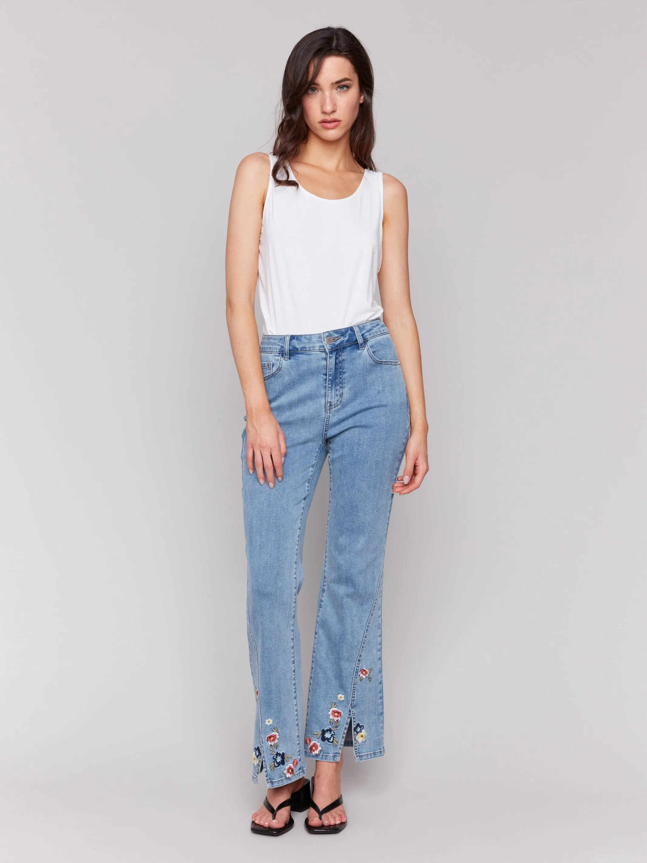 Floral Embroidered Bootcut Jeans - Light Blue