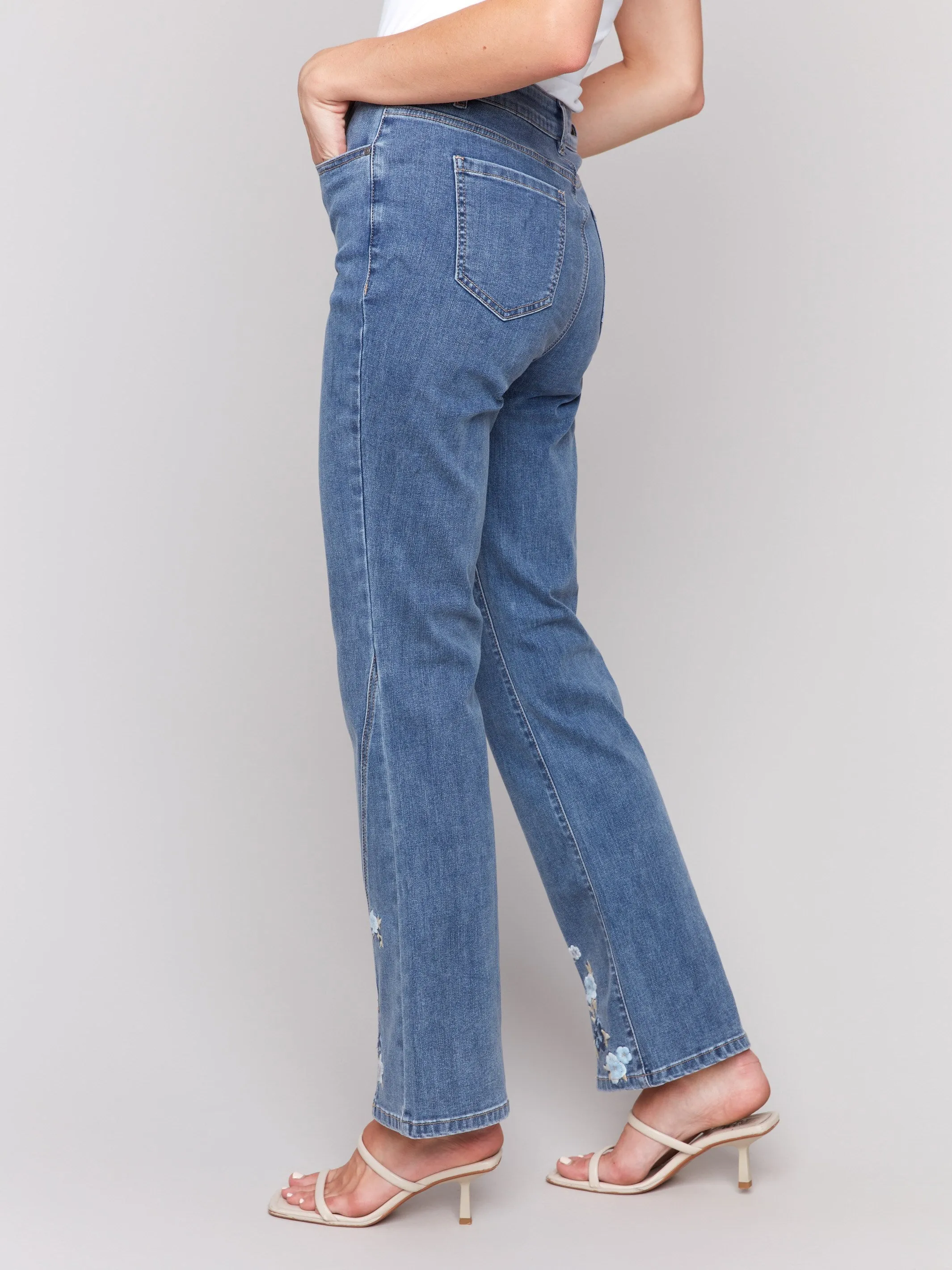 Floral Embroidered Bootcut Jeans - Medium Blue