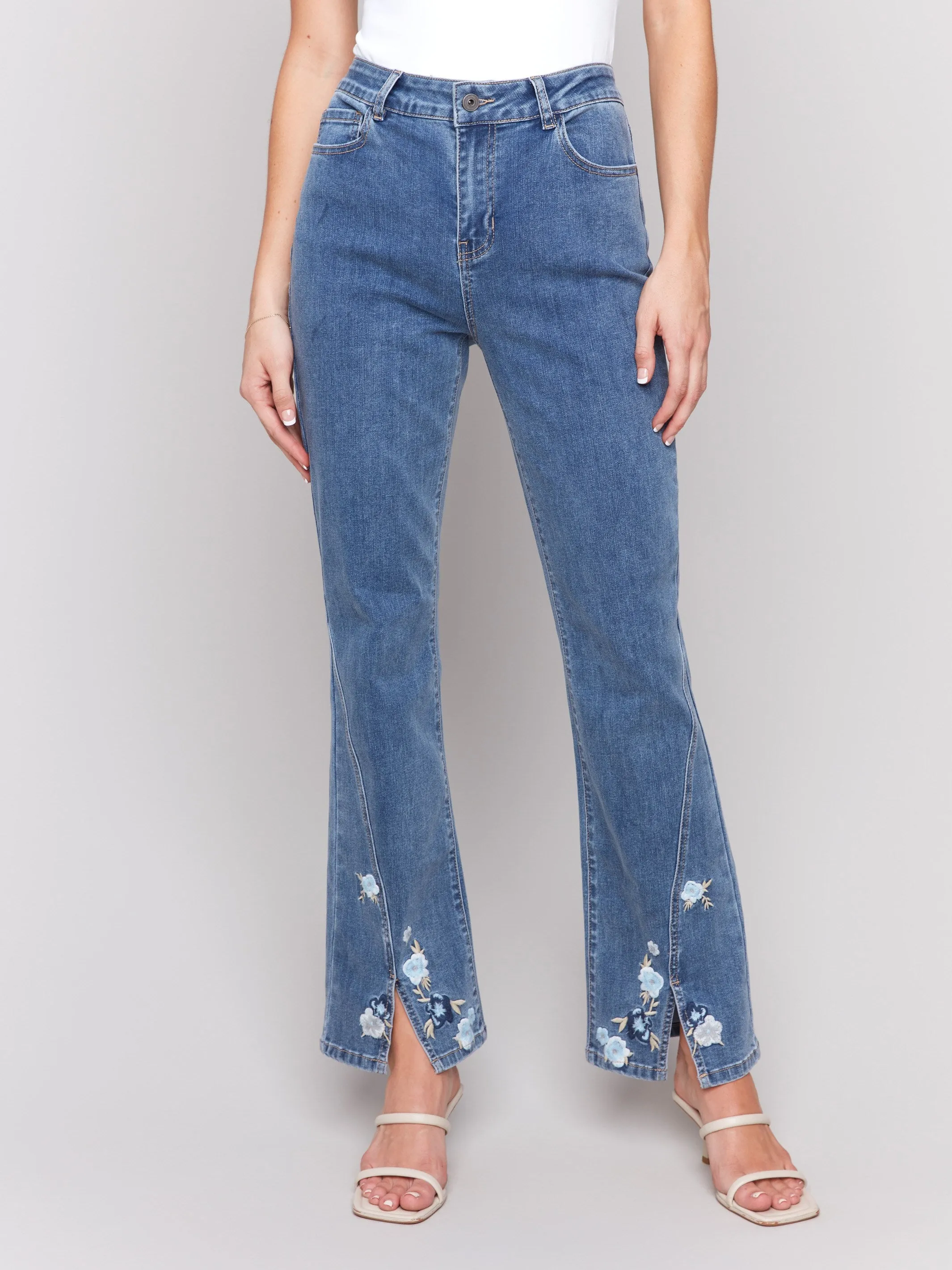 Floral Embroidered Bootcut Jeans - Medium Blue
