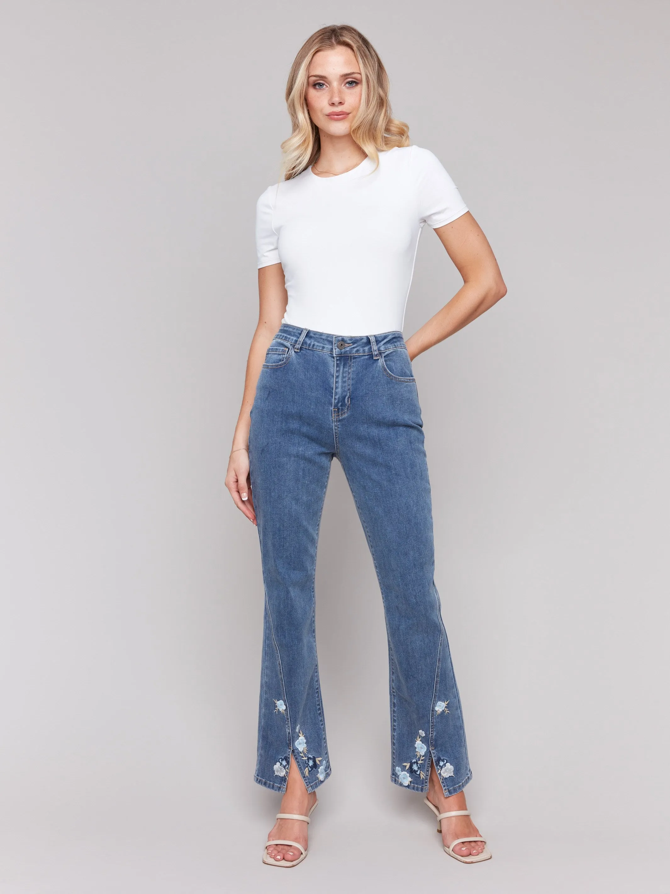 Floral Embroidered Bootcut Jeans - Medium Blue