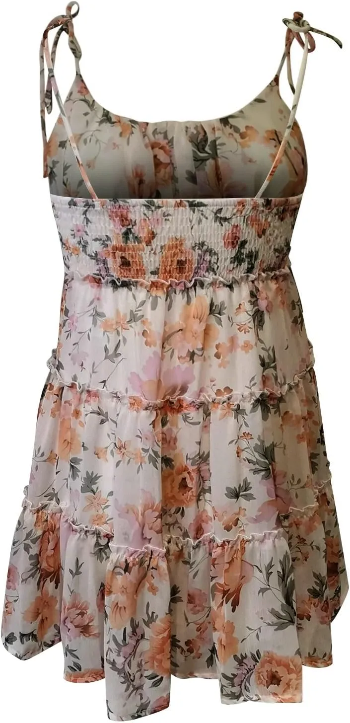 Floral Mini Dresses for Women 2025 Casual Summer Spaghetti Strap Tiered Ruffle Dress Flowy Chiffon Boho Sundress
