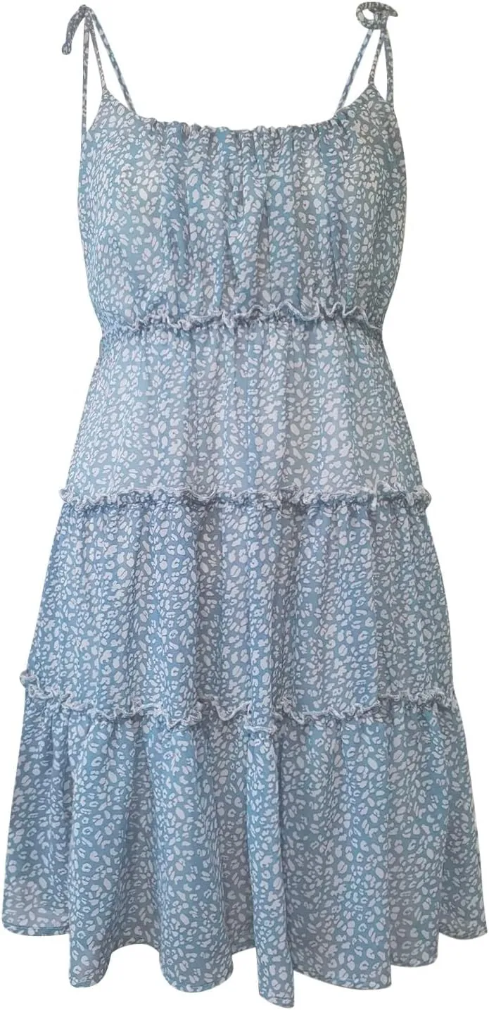 Floral Mini Dresses for Women 2025 Casual Summer Spaghetti Strap Tiered Ruffle Dress Flowy Chiffon Boho Sundress
