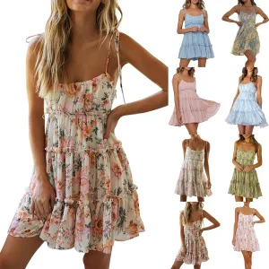 Floral Mini Dresses for Women 2025 Casual Summer Spaghetti Strap Tiered Ruffle Dress Flowy Chiffon Boho Sundress