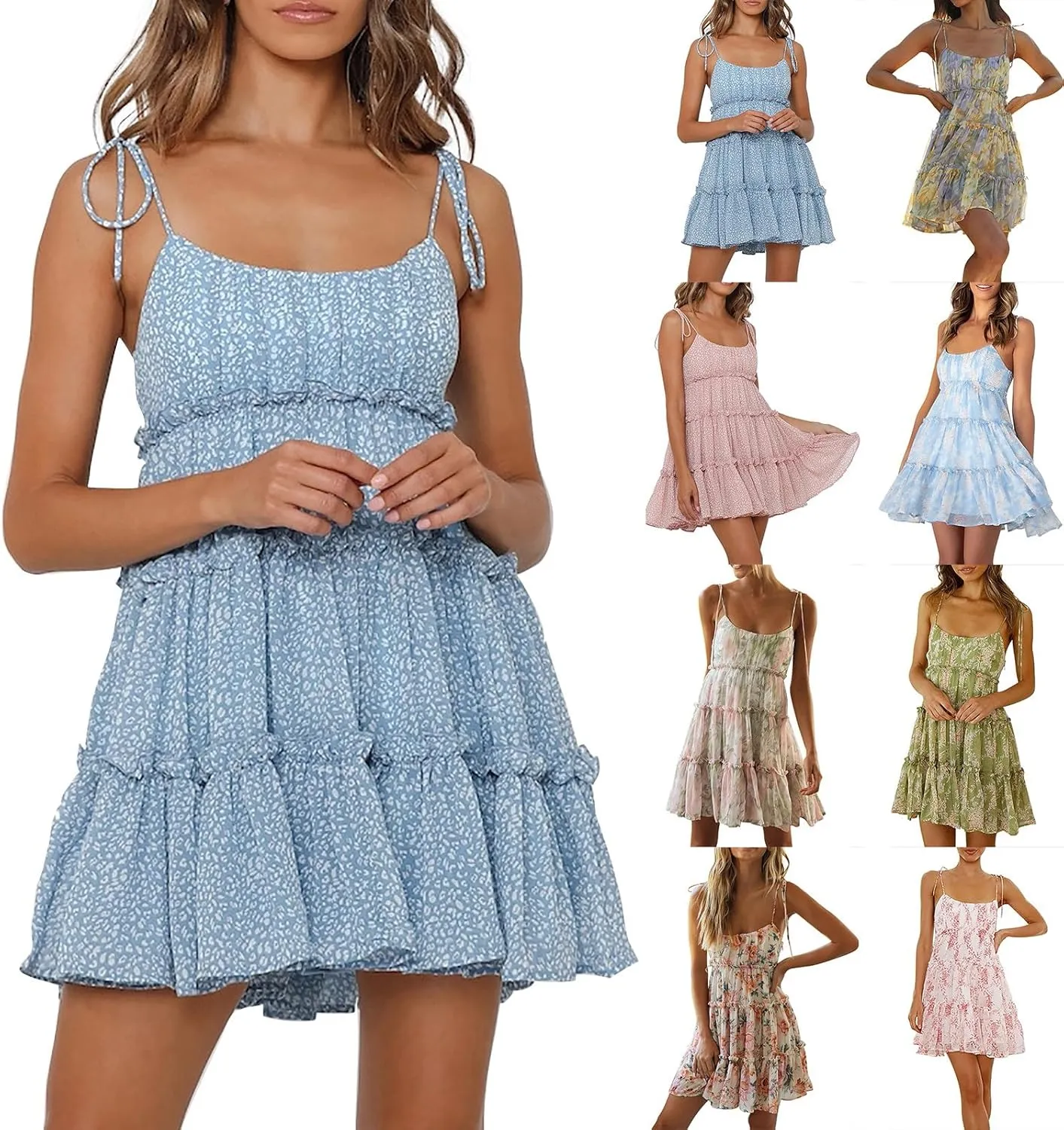 Floral Mini Dresses for Women 2025 Casual Summer Spaghetti Strap Tiered Ruffle Dress Flowy Chiffon Boho Sundress