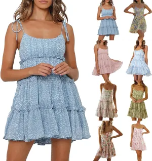 Floral Mini Dresses for Women 2025 Casual Summer Spaghetti Strap Tiered Ruffle Dress Flowy Chiffon Boho Sundress