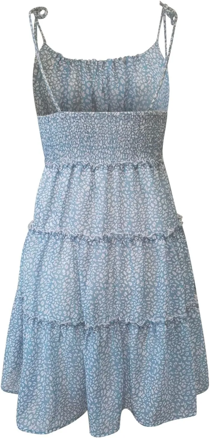 Floral Mini Dresses for Women 2025 Casual Summer Spaghetti Strap Tiered Ruffle Dress Flowy Chiffon Boho Sundress