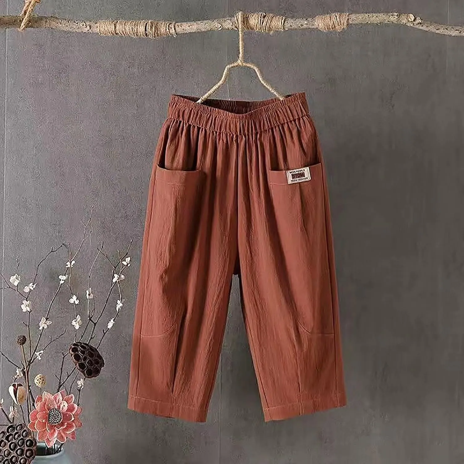 GIERIDUC Womens Baggy Wide Leg Pants Casual Linen Cropped Pant Elastic Waist Palazzo Harem Trousers with Pockets Comfy Capris