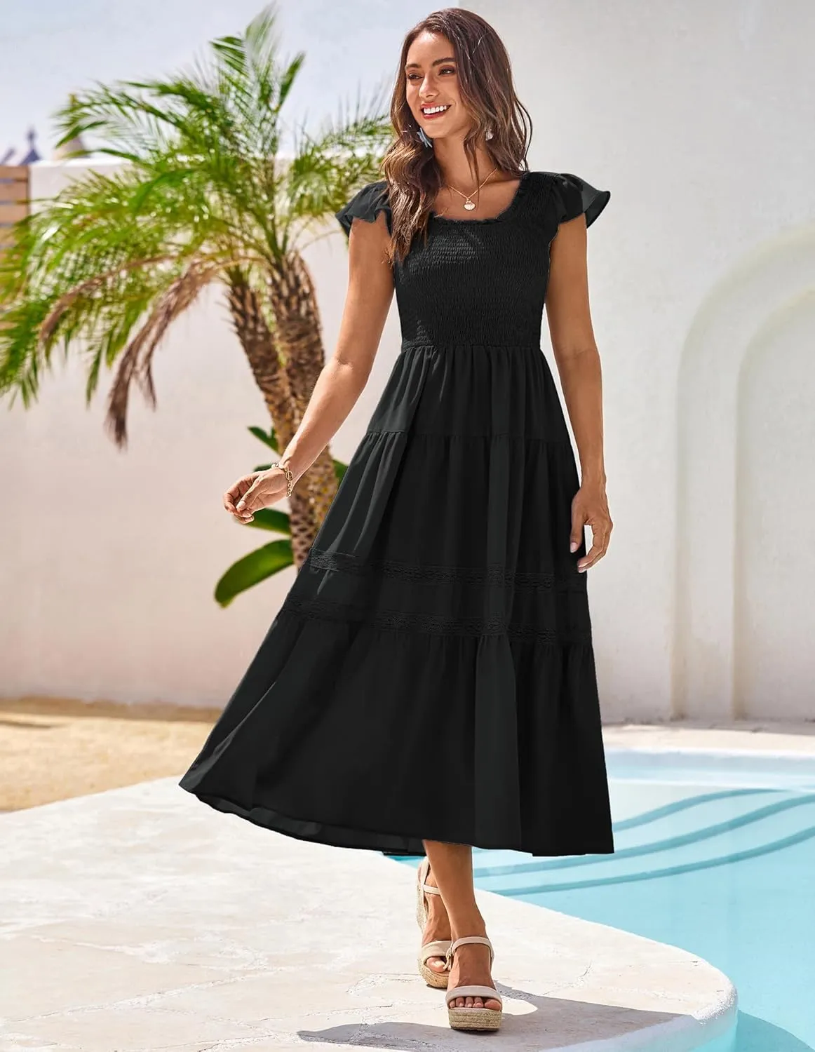 GRACE KARIN Womens Summer Dress Casual 2025 Flutter Sleeve Square Neck Smocked Boho Beach Dresses Tiered Midi Long Sundress