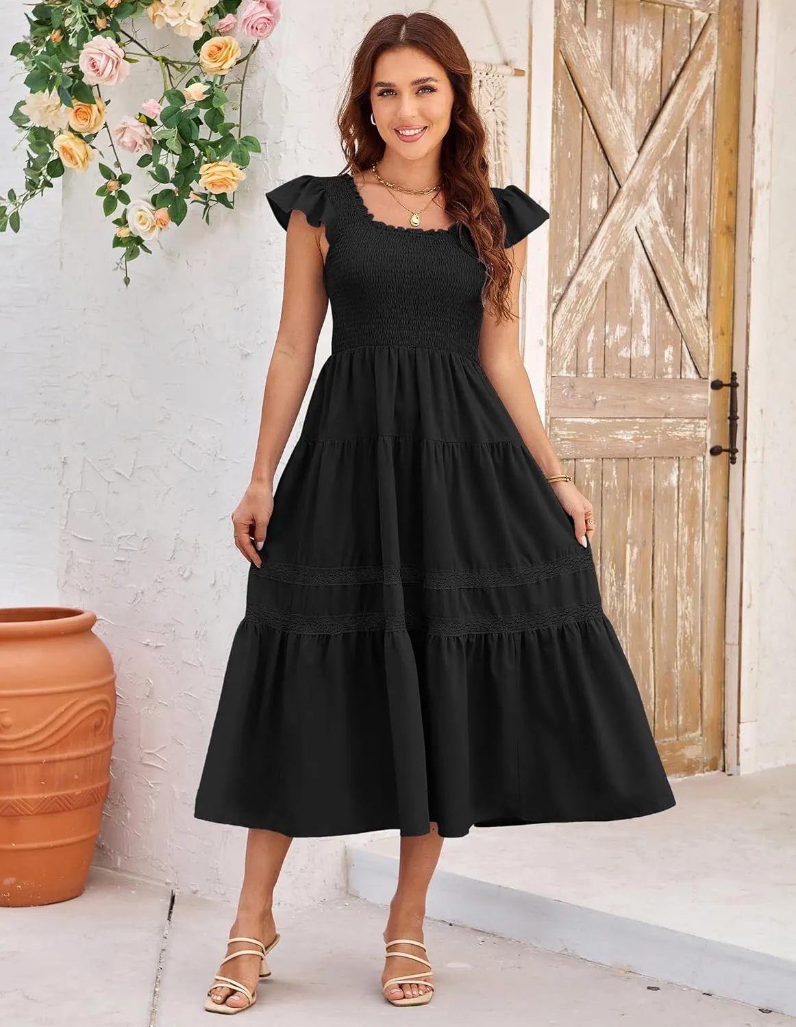 GRACE KARIN Womens Summer Dress Casual 2025 Flutter Sleeve Square Neck Smocked Boho Beach Dresses Tiered Midi Long Sundress