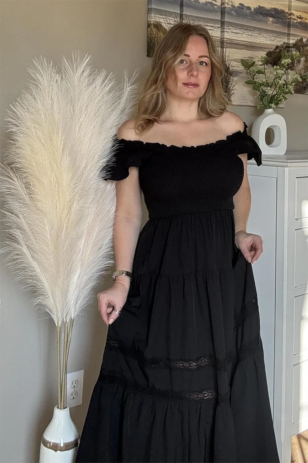 GRACE KARIN Womens Summer Dress Casual 2025 Flutter Sleeve Square Neck Smocked Boho Beach Dresses Tiered Midi Long Sundress