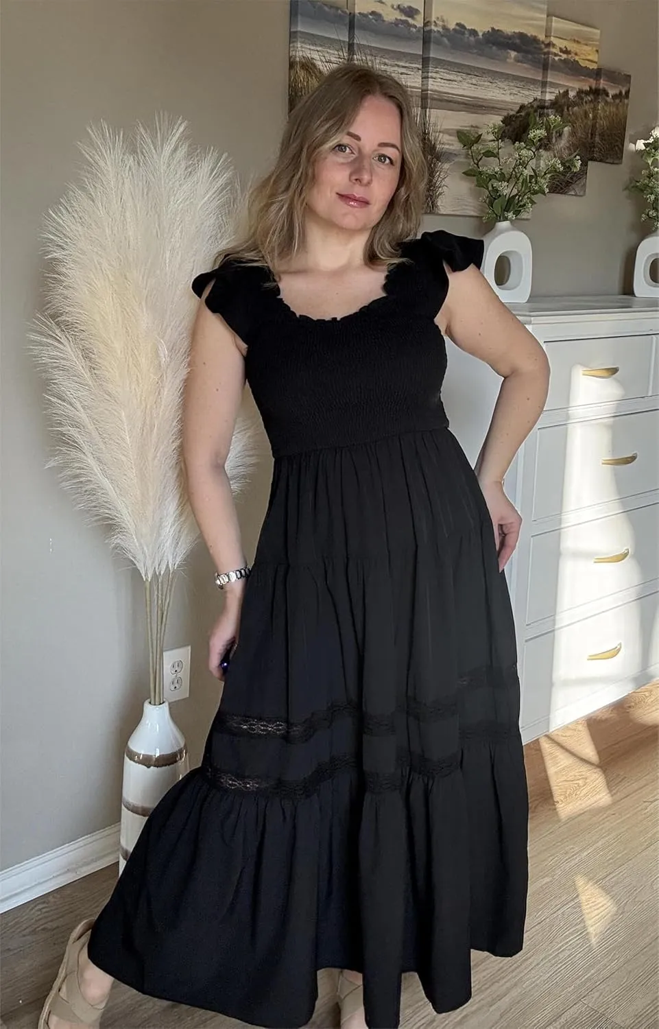 GRACE KARIN Womens Summer Dress Casual 2025 Flutter Sleeve Square Neck Smocked Boho Beach Dresses Tiered Midi Long Sundress