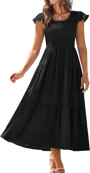 GRACE KARIN Womens Summer Dress Casual 2025 Flutter Sleeve Square Neck Smocked Boho Beach Dresses Tiered Midi Long Sundress