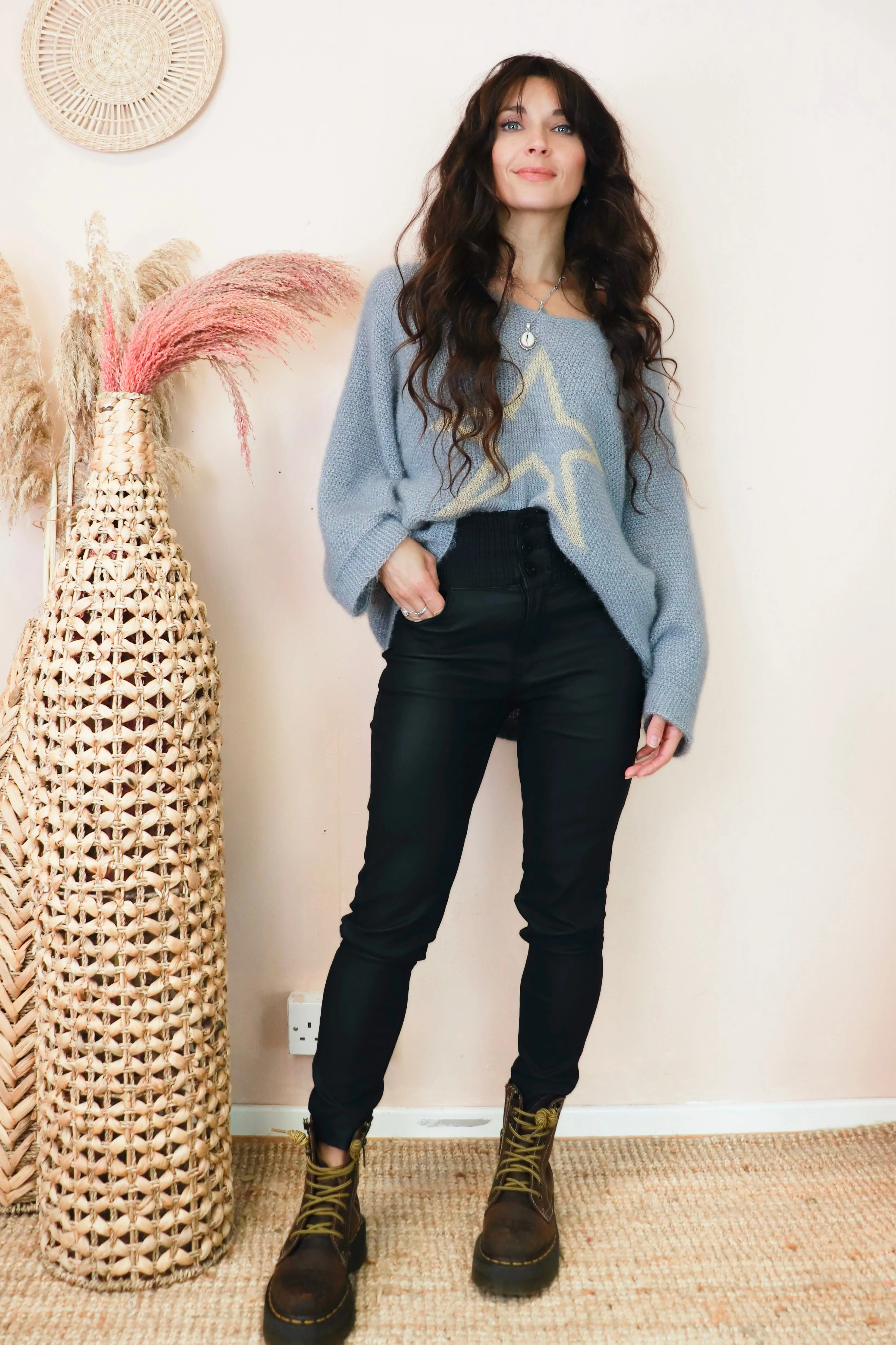 High waisted faux leather jeans