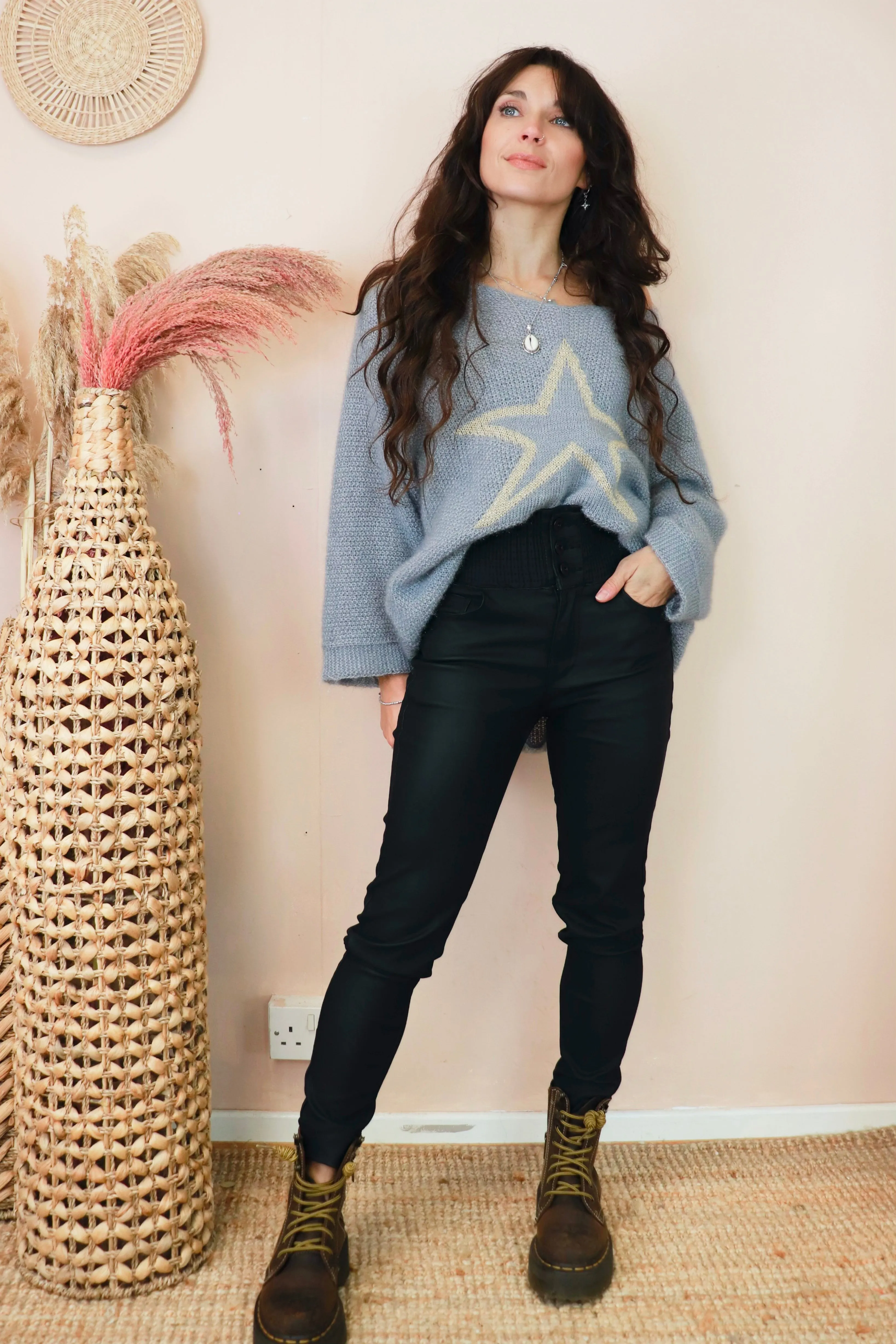 High waisted faux leather jeans