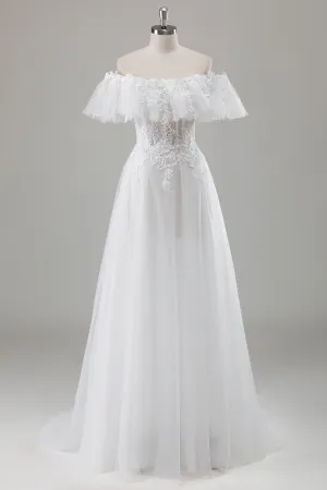 Ivory Off the Shoulder Long Wedding Dress with Appliques