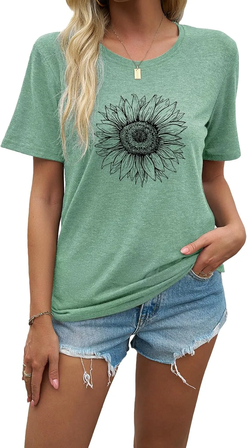J&DHUASHA Women's Sunflower T-Shirt Short Sleeve Crewneck Floral Graphic Tees Summer Print Casual Tops