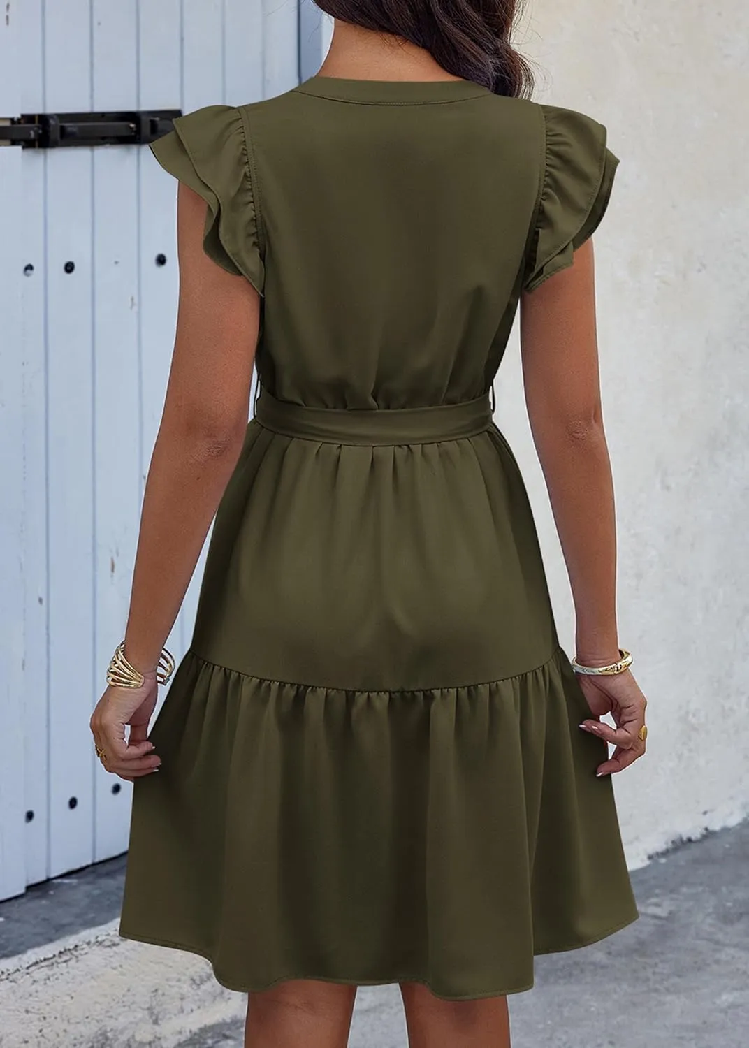 KIRUNDO Women Flutter Sleeve Summer Dress 2025 Spring V Neck Ruffle Flowy Tiered Knee Length Belted Beach Vacation Sundress