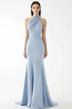 Light Blue Halter Crepe Sheath Gala Dress