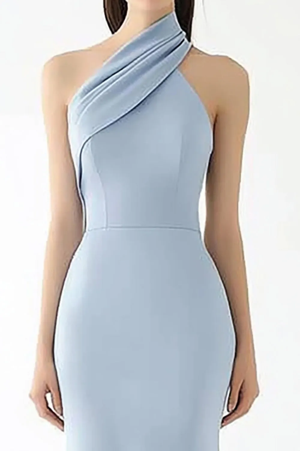 Light Blue Halter Crepe Sheath Gala Dress