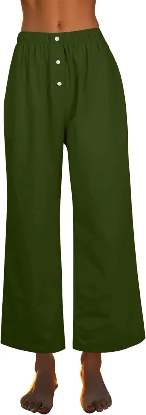 Linen Pants for Women Summer High Waisted Wide Leg Palazzo Pants Palazzo Pant Dressy Trouser with Pockets (S-2Xl)