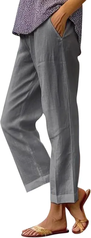 Linen Pants Womens Summer Pants Wide Leg Pants Casual with Pockets Elastic Waist Straight Leg Pants Beach Trousers