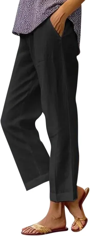 Linen Pants Womens Summer Pants Wide Leg Pants Casual with Pockets Elastic Waist Straight Leg Pants Beach Trousers