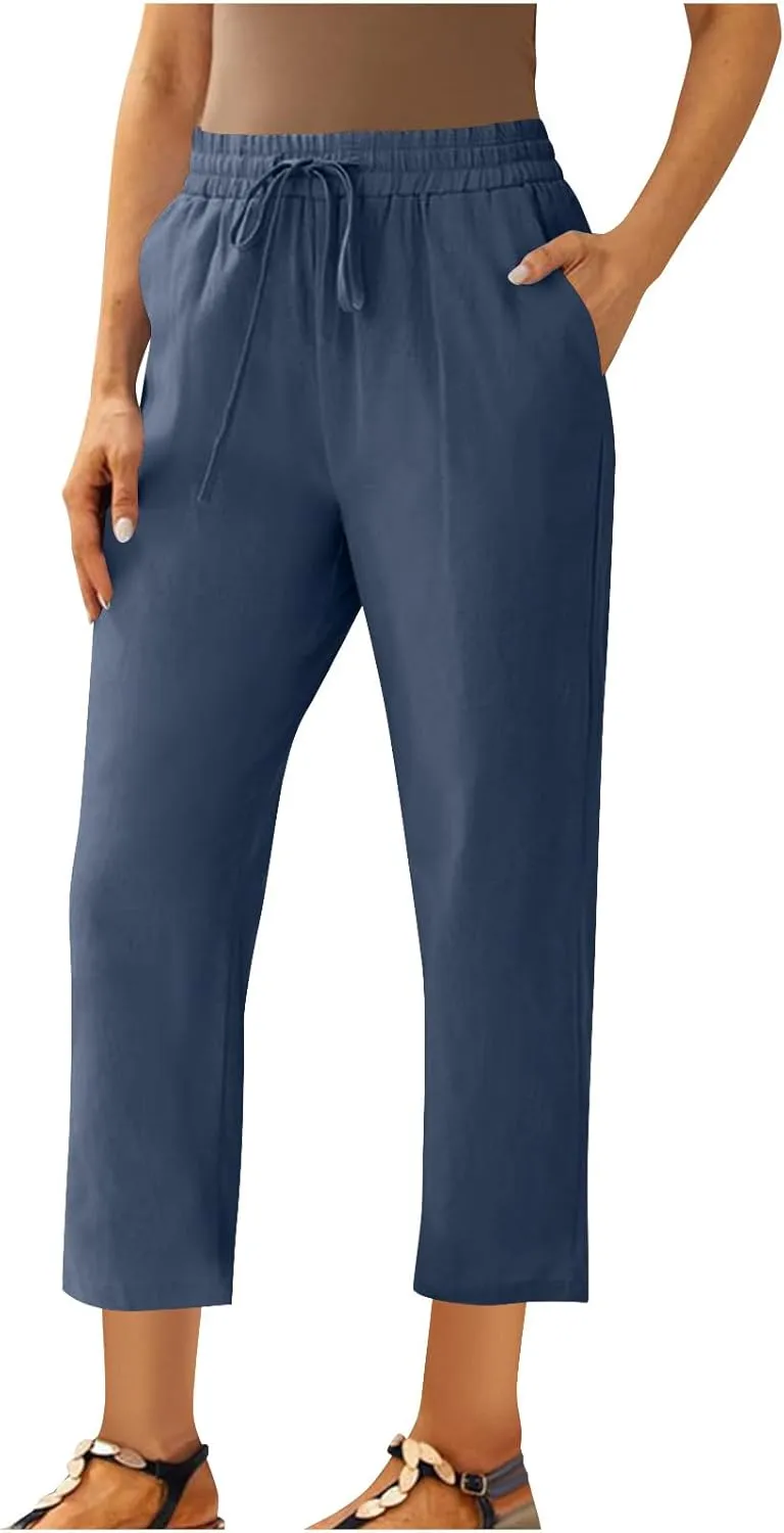 Lmdudan 2025 Plus Size Women Linen Crop Pants Drawstring Elastic Waist Capris Summer Lounge Cropped Pant Trousers with Pocket