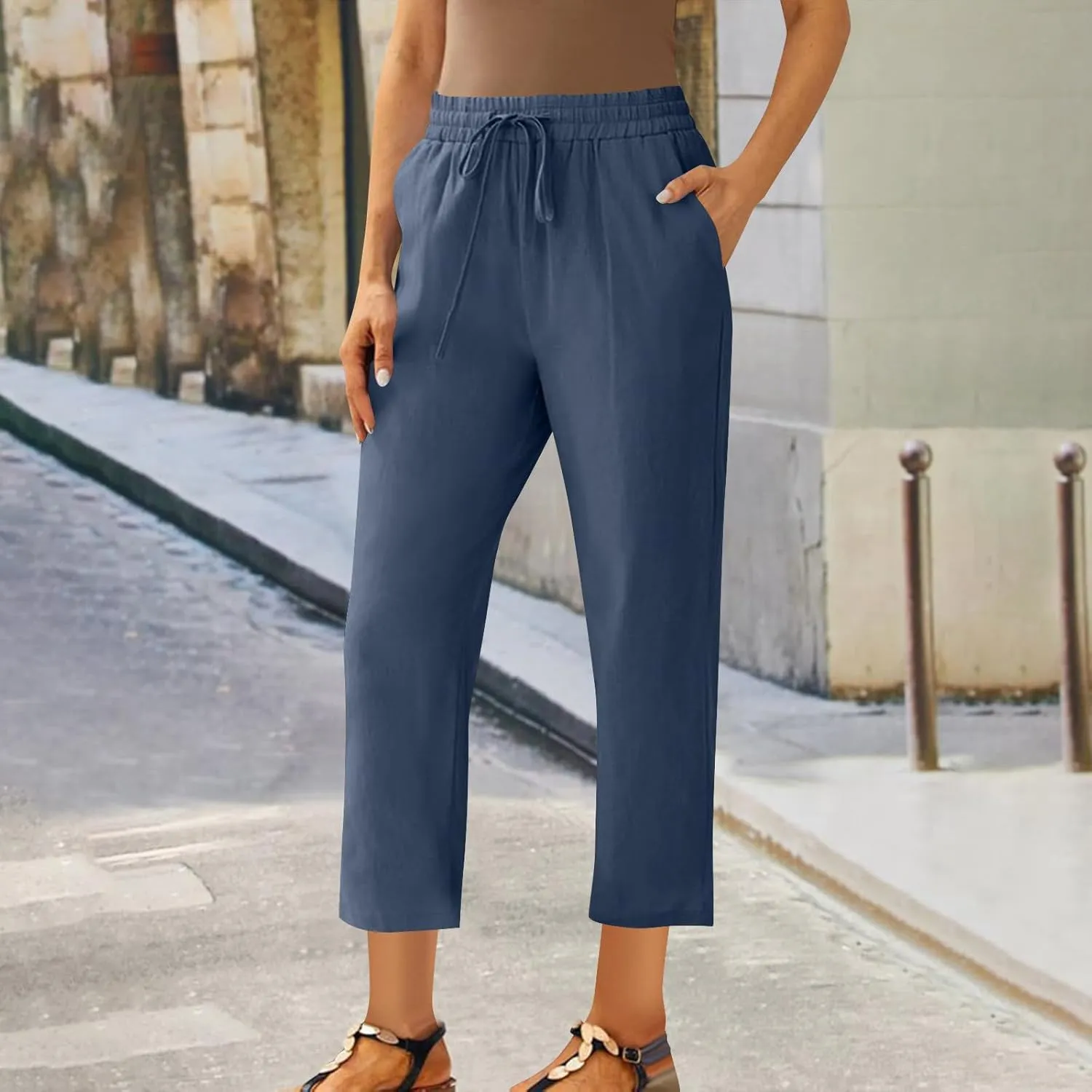 Lmdudan 2025 Plus Size Women Linen Crop Pants Drawstring Elastic Waist Capris Summer Lounge Cropped Pant Trousers with Pocket