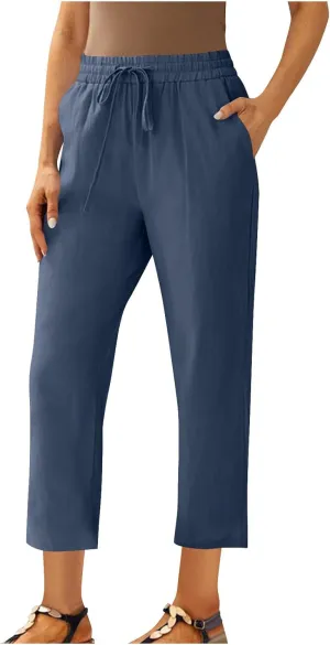 Lmdudan 2025 Plus Size Women Linen Crop Pants Drawstring Elastic Waist Capris Summer Lounge Cropped Pant Trousers with Pocket